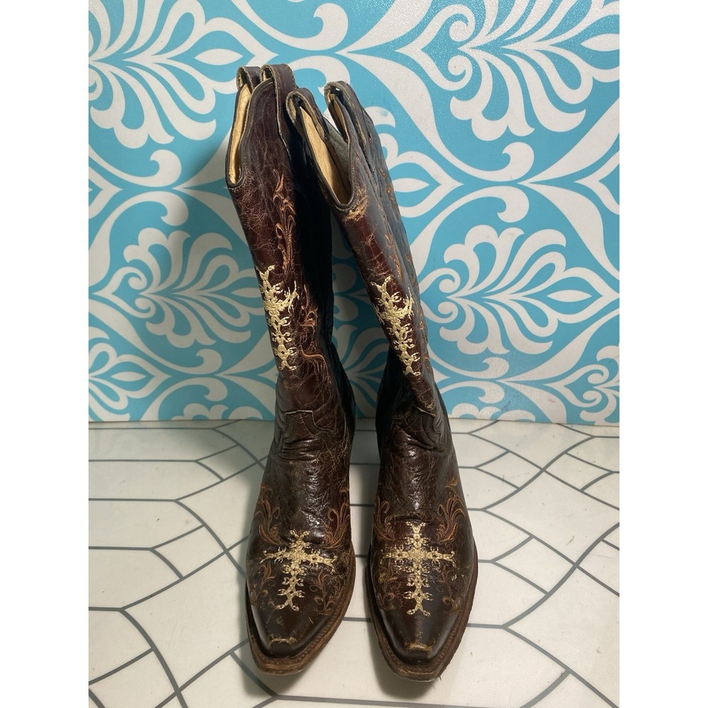 WOMENS CIRCLE G BROWN LEATHER SNIP TOE CROSS COWBOY BOOTS SIZE 10M